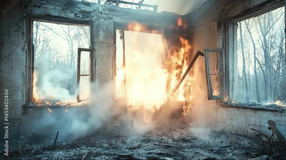 Intense house fire raging through abandoned building with open windows