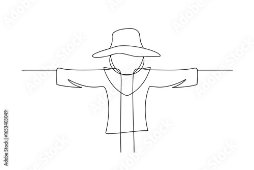 Minimalist continuous line drawing a scarecrow with a hat outstretched arms Continous line