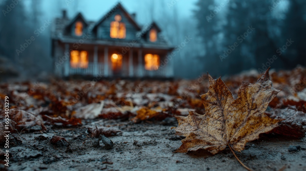 Haunting autumn vibes with a cozy house lit in the eeriness of Halloween Haunting autumn vibes with a cozy house lit in the eeriness of Halloween