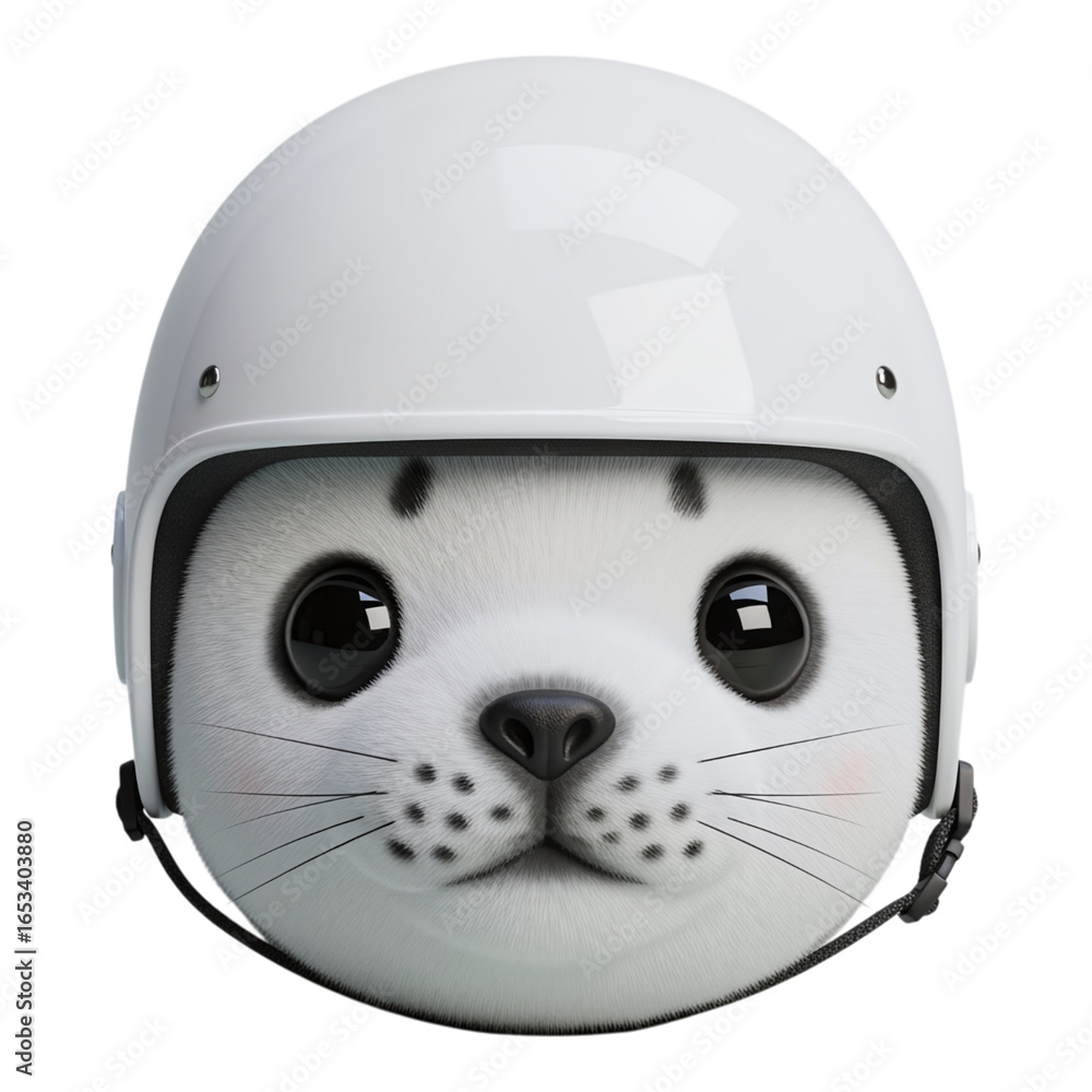Fototapeta premium Cartoon white seal plush toy wearing helmet cute animal isolated on transparent background
