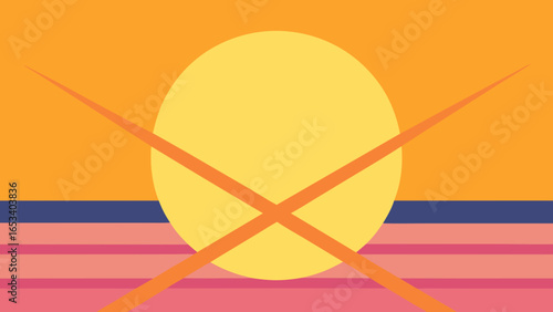 Abstract sunset with a large yellow sun and crossing orange lines vector illustration transparency background