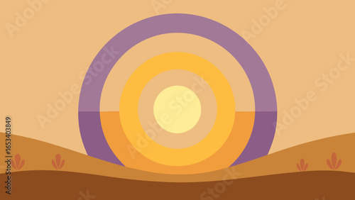 Abstract sunset landscape with concentric circles over rolling hills and sparse plants transparency background colorful