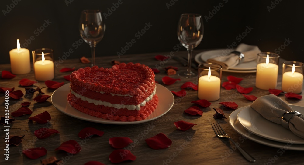 Fototapeta premium Romantic heart-shaped cake on dinner table with candles and roses 