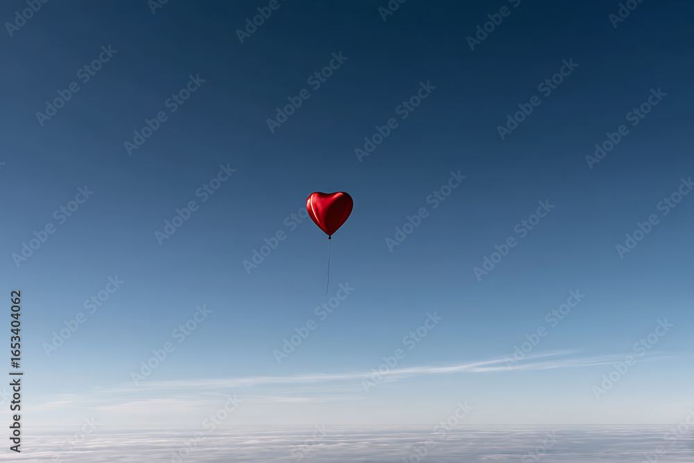 Fototapeta premium hopeful balloon flight, heart-shaped balloon soaring in the blue sky, symbolizing hope and vitality