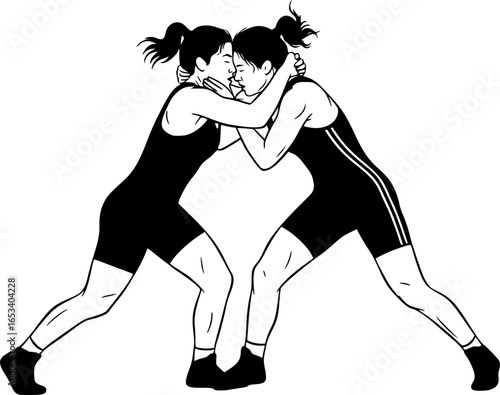 Women Wrestling Silhouette Vector Black Outline
