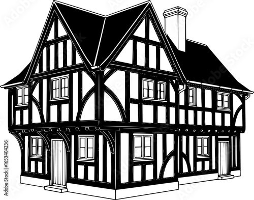 Timber Frame House Vector Black and White Outline
