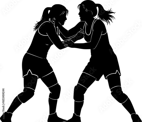 Women Wrestling Silhouette Vector Black Outline
