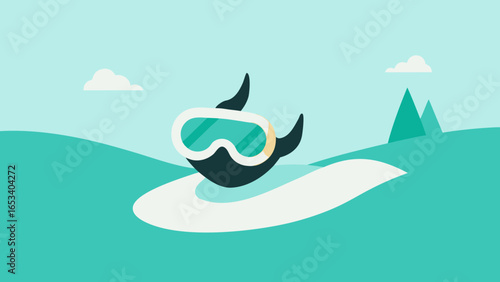 Cartoon Orca Whale Wearing Goggles Swimming in Turquoise Water with Hills and Clouds vector illustration transparency background