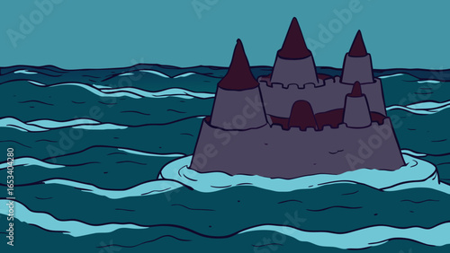 Cartoon Sandcastle Floating In Dark Teal Ocean Waves water transparency background