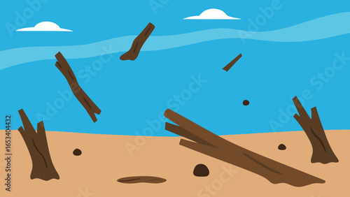 Desert landscape with scattered logs and clouds sand arid transparency background