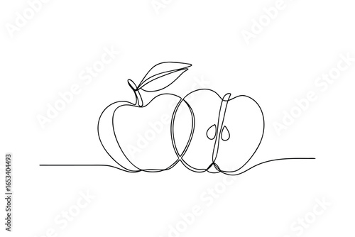 Minimalist single line drawing a whole sliced apple with leaf Continous line fruit