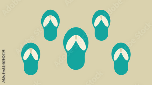 Five Teal Flip Flops Arranged on a Tan transparency background sandals beachwear