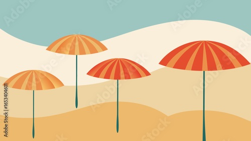 Four Orange Striped Beach Umbrellas on Sandy Dunes vector illustration transparency background