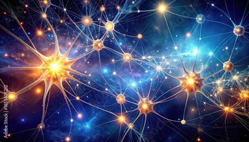 Neural network with synapses, brain cells, and abstract science background.