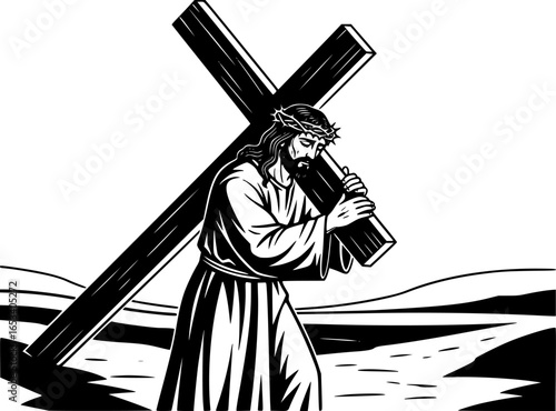 Jesus Christ Carrying the Cross Black and White Vector Outline
