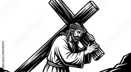 Jesus Christ Carrying the Cross Black and White Vector Outline
