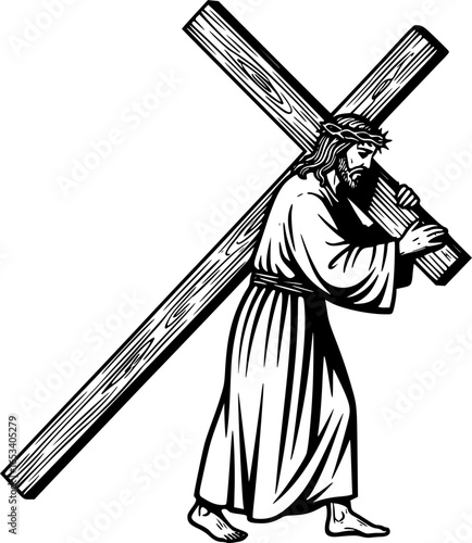 Jesus Christ Carrying the Cross Black and White Vector Outline
