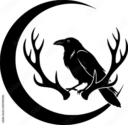 Black Raven on Antlers with Crescent Moon Vector Outline
