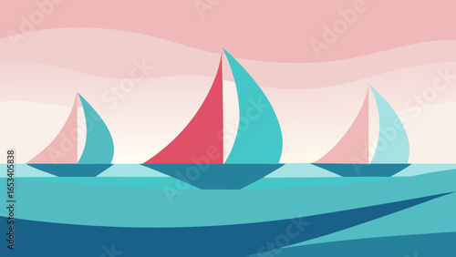 Stylized Sailboats With Colorful Sails On Wavy Ocean Under Pastel Sky sailing water transparency background