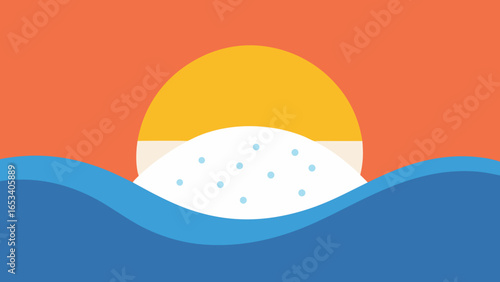 Stylized Sun Setting Over Wavy Blue Water with a transparency background White Hillside sunset orange