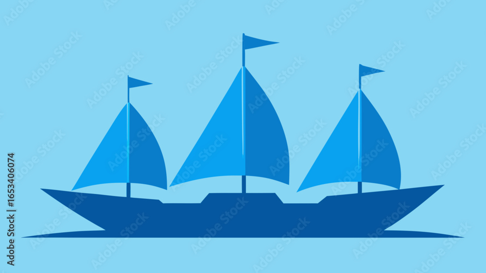 Fototapeta premium Three Blue Sailboats With Flags On A Light Blue transparency background ship sailing