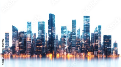 Urban skyline at night with illuminated skyscrapers, isolated on a white background, symbolizing modern city life.