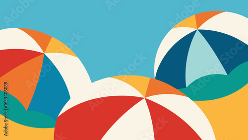 Three Colorful Beach Balls on a Sunny Beach with Blue Sky Keywords: beach balls, summer, vacation, ocean, sea, sand, water, beach, retro, vintage, colorful, striped, round, transparency background