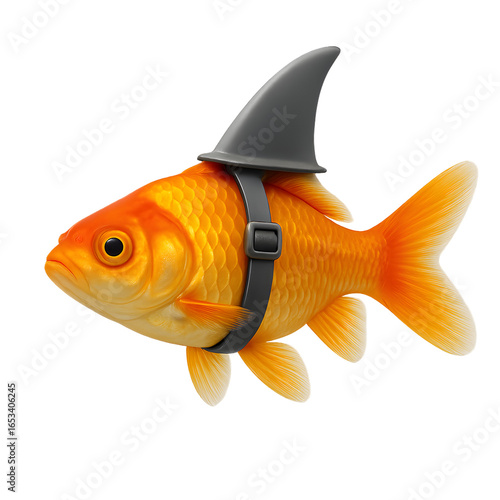 Funny conceptual image of a goldfish wearing a fake shark fin harness, symbolizing false identity, confidence, or ambition, isolated on a white background.
