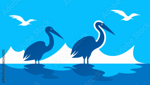 Two blue herons standing in calm blue water with transparency background white mountain-like shapes and flying white birds wading bird