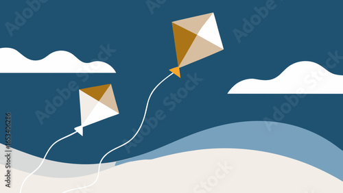 Two Geometric Kites Flying in a Stylized Sky with Clouds and Waves vector illustration transparency background