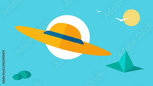 Wide-brimmed Sun Hat Floating with Geometric Shapes and Sun wide brim hat straw hat transparency background
