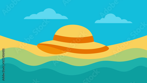 Yellow sun hat on a beach with blue sky and clouds over wavy green and blue water summer vacation transparency background