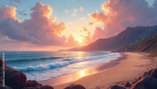 Serene sunset paints sky with vibrant colors over secluded beach. Gentle waves roll onto sandy shore, with rolling hills forming dramatic backdrop. Tranquil coastal landscape evokes peace, solitude.
