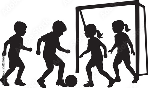 Black silhouette of four children playing soccer near a goal football kids