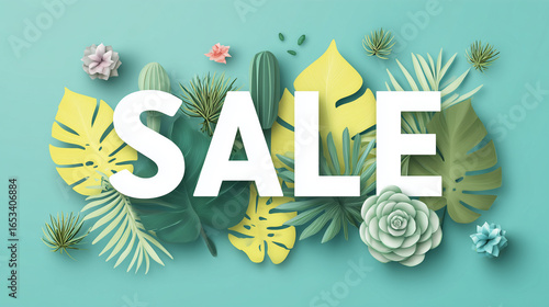 3d sale banner with green and yellow leaves. Minimalist retail marketing composition for promotional design and advertising. AI generation
