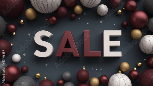 3d sale banner with christmas tree balls. Minimalist retail marketing composition for promotional design and advertising. AI generation