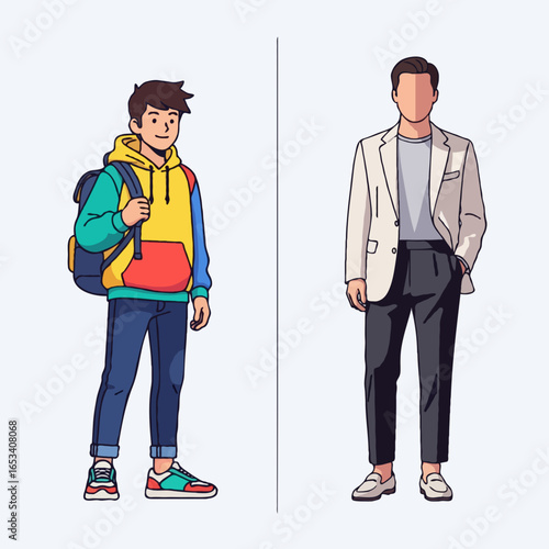 Stylish Men's Fashion Illustrations Casual vs. Formal Attire