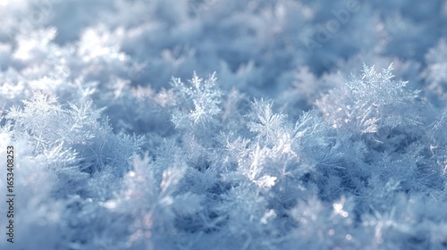 Ultra-realistic close-up photo of countless detailed snowflakes