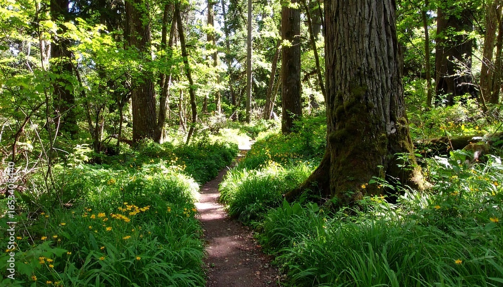 Obraz premium Sunlight streams through a lush forest path lined with wildflowers