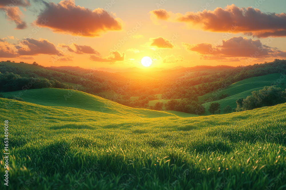 Fototapeta premium Sunset Casting Golden Light Over Forested Valley Hills