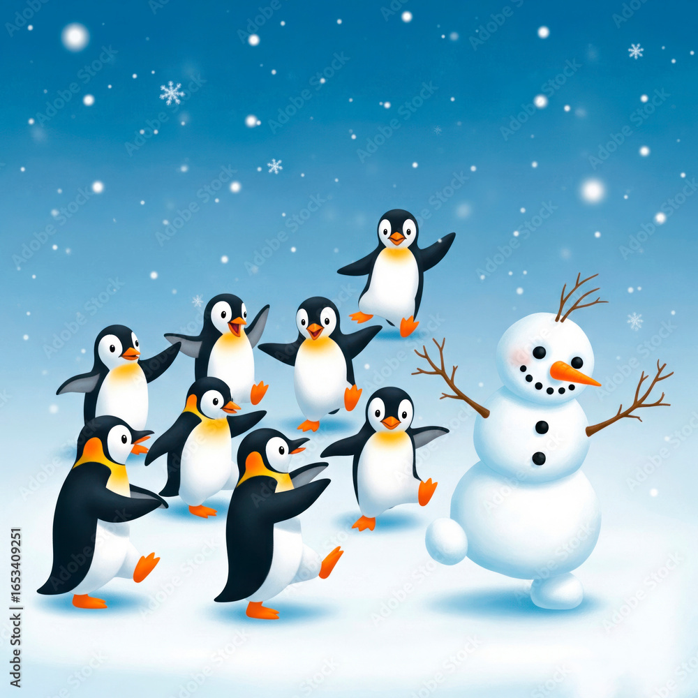 Fototapeta premium Cheerful penguins dancing around a snowman in winter.