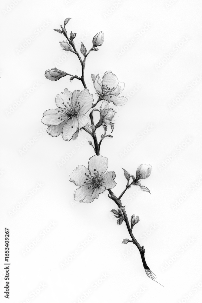 Fototapeta premium Pencil drawing of cherry blossoms on branch with buds