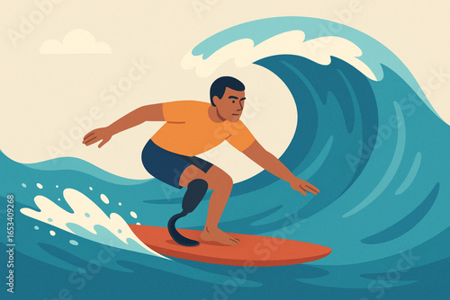 Adaptive Surfing Disabled Athlete Catching Wave Flat Illustration Inclusive