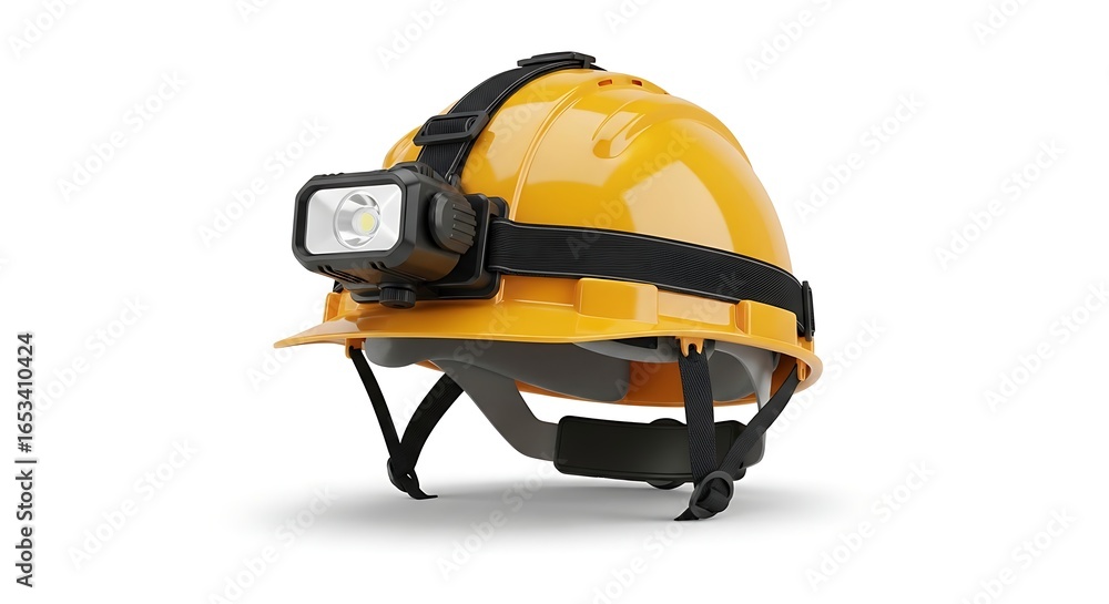 Protective yellow hard hat with an LED headlamp for worker safety. Protective yellow hard hat with an LED headlamp for worker safety.