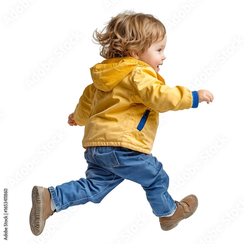 Joyful Toddler Running in Yellow Jacket; Active Child Photography