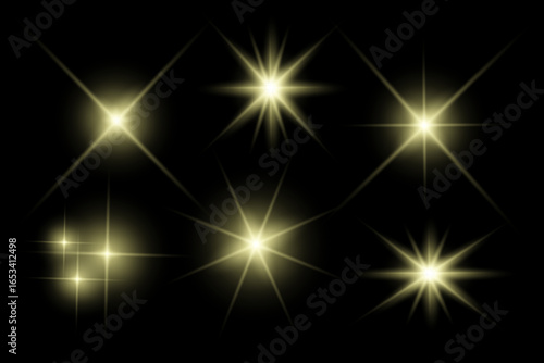 Golden sparkle  lights, flashing lights, light effects, sunlight lens flare, glowing ray beams, sparkling starsicon on black background.