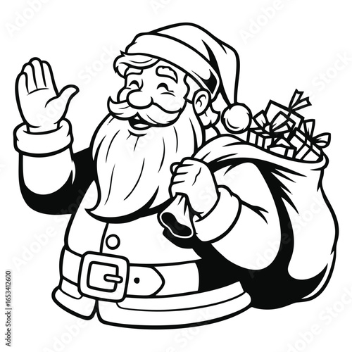 Jolly Santa Claus cartoon in black and white waving with a sack of gifts over his shoulder.
