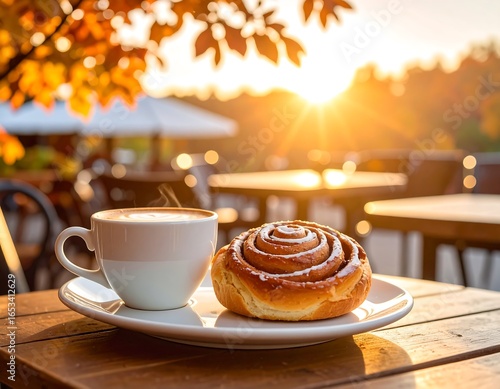 Outdoor coffee and cinnamon roll at sunrise