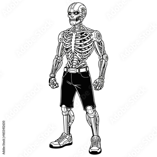 Detailed Robotic Skeleton Figure in Shorts and Sneakers Standing Pose Sci-Fi Cyborg Illustration.
