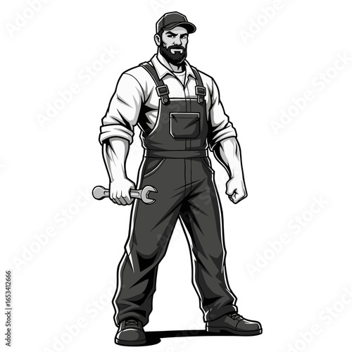 Cartoon Mechanic with Wrench Wearing Overalls and Cap Black and White Style.